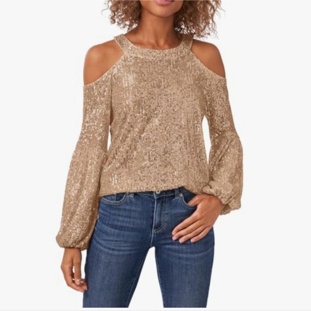 KANNADA Women's Gold Sequin Cold Shoulder Top - NWOT